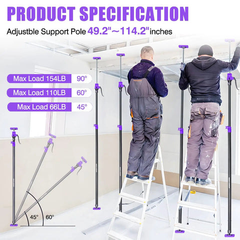 Heavy Duty Steel Drywall Jack Poles, Adjustable Cabinet Support Rod System 49-114 Inches in use, two workers installing drywall.