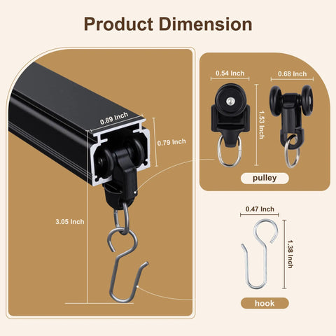 Ceiling Curtain Track System For Bedroom And Living Room, 6 To 9 Feet, Wall Or Ceiling Mounted Rail With Hooks And Easy Install, Black Finish, Snug Gap Free Fit With Embedded Screw Fixed Connector To Prevent Misalignment. Dimension chart showing rail, pulley, and hook sizes.