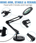 2 In 1 Magnifying Glass With Light And Stand, 5X Real Glass Lens, 64 LED, 960 Lumens showing flexible swing arm and clamp details
