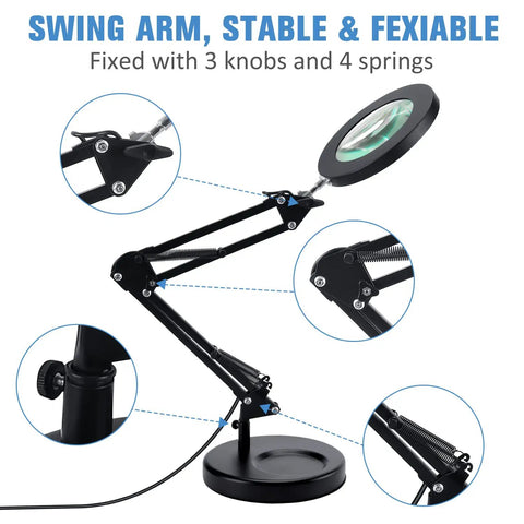 2 In 1 Magnifying Glass With Light And Stand, 5X Real Glass Lens, 64 LED, 960 Lumens showing flexible swing arm and clamp details