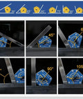 Premium Quality Hella Secure Magnetic Welding Positioner Clamp With Quick Toggle Switch For Rock Solid Heavy Metal Alignments displaying various angle settings 30° to 105°.