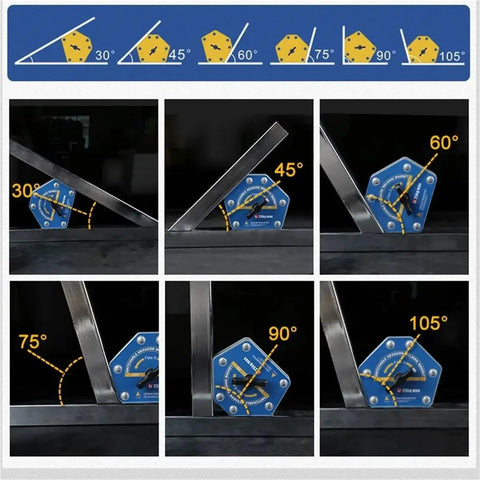 Premium Quality Hella Secure Magnetic Welding Positioner Clamp With Quick Toggle Switch For Rock Solid Heavy Metal Alignments displaying various angle settings 30° to 105°.