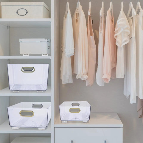 No Sweat Self Adhesive Drawer Slides Four Pack Slick Pull Out Cabinet Glides For Dresser Wardrobe And Home Office Setup With Heavy Duty Stick On Tape For Quick Diy Fix in a stylish closet with hanging clothes and storage bins.