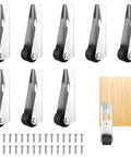 Eight Tough Little Casters With Slick Rolling Track Rollers For Sliding Doors And Furniture Fix Ups Includes Stainless Steel Bottom Wheels and Solid Hardware on display with screws and wood.