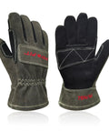 Pair of NFPA 1971 Certified Fire Fighter Glove With 2D Curved Fingers, showing palm and back with heavy duty heat and flame resistance.