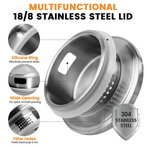 304 stainless steel lid for 2.2L Glass Pitcher With Lid And Handle, featuring silicone ring, wide opening, and filter holes.