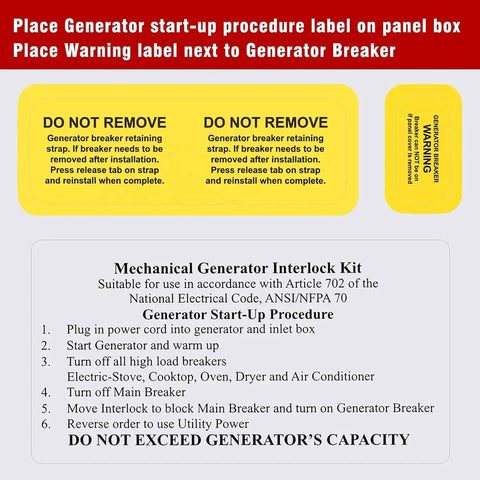 Generator Interlock Kit For GE Main Breaker 150 Amp Or 200 Amp startup procedure label with safety instructions