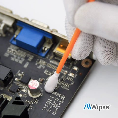 Top Tier One Hundred Count Four Inch Cleaning Swabs In Orange Knitted Polyester Heads Straight Up Clean For Camera Optics And Delicate Gear No Fuss Precision Wipes That Get The Job Done Smooth Quick cleaning circuit board with an orange swab.