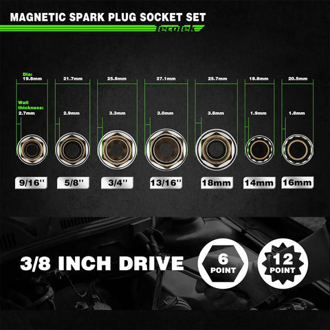 10 Piece Three Eighth Inch Drive Magnetic Spark Plug Socket Set With Swivel Head And Universal Joint size chart