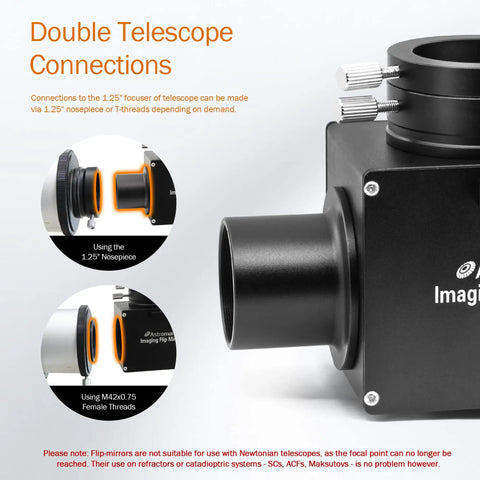 1.25 Inch Flip Mirror For Telescope With Eyepiece Adapter And Camera Attachment shown with double telescope connections