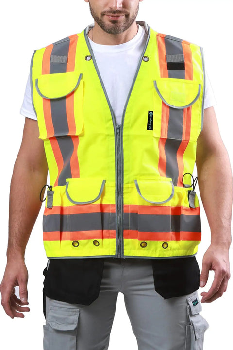 Men's Hi Vis Safety Vest With Reflective Construction, 9 Pockets, Plush Padded Neck Comfort, PPE Approved For Low Light Work, Yellow Medium Size, Durable Gear For Construction And Outdoor Jobs
