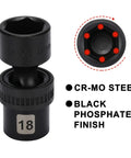 Black CR-MO Steel Socket with 18mm marking, Three Eighths Inch Drive Shallow Universal Impact Socket Set, 15 Piece, 6 Point Metric