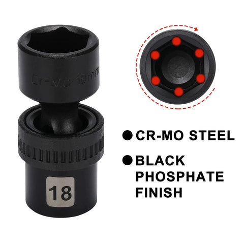 Black CR-MO Steel Socket with 18mm marking, Three Eighths Inch Drive Shallow Universal Impact Socket Set, 15 Piece, 6 Point Metric