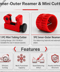 Heavy Duty Pipe Cutter Set For Plumbing Maintenance Multi Material Compatible Copper Aluminum Stainless PVC PPR Pipes Fits Up To 50mm Outer Diameter And 2.5mm Wall Mini Cutter Covers 3-22mm Six Bearing Rollers Sharp Blade For Easy Smooth Cuts; 1pc mini tubing cutter and inner-outer reamer