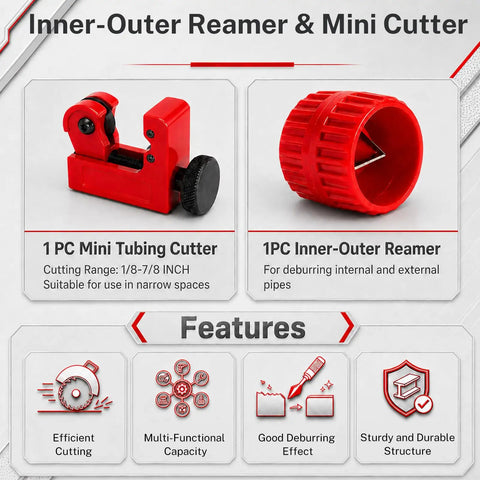 Heavy Duty Pipe Cutter Set For Plumbing Maintenance Multi Material Compatible Copper Aluminum Stainless PVC PPR Pipes Fits Up To 50mm Outer Diameter And 2.5mm Wall Mini Cutter Covers 3-22mm Six Bearing Rollers Sharp Blade For Easy Smooth Cuts; 1pc mini tubing cutter and inner-outer reamer