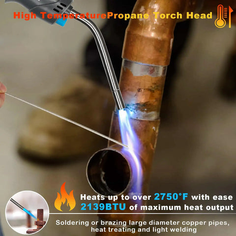 Trigger Start Gas Welding Torch Head For Propane And MAP PRO Fuel, 1.5 Inch Extension Nozzle, in use on copper piping.