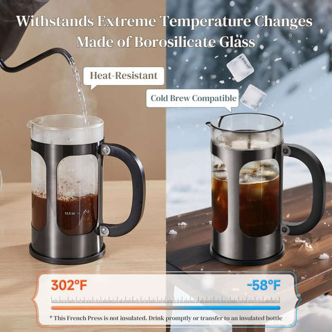 French Press Coffee Maker 34 Ounce Plastic Free Brewing Surface with Thickened Glass and Stainless Steel, hot and cold brew demonstration