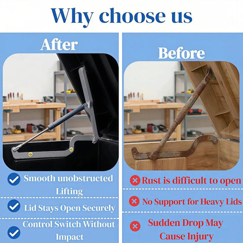Comparison of Two Pack Deck Box Hydraulic Hinge Replacement Kit with old rusty hinge on wooden storage box lid