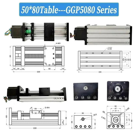 80mm Width Ballscrew Slide Table SFU1605 CNC Linear Stage Motion Module With NEMA23 57mm Motor Kit 100mm To 300mm Travel Heavy Duty Rig For Precision Milling And Robotic Add Ons Max Load 40Kg, 50x80 table drawing