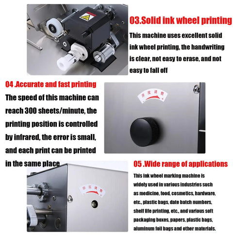 GTANND Automatic Ink Wheel Marking Machine Dry-Ink Code Printer showing solid ink wheel printing mechanism.