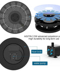 Components of 2.5W Solar Bird Bath Fountain Pump with 6 Nozzle Patterns shown, including solar panel, water pump, and dimensions.