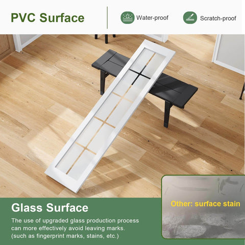 Bifold Barn Door 36x84 Inch Double 18x84 Transparent White Frosted Glass Cross Sliding Door With 40 Inch Hardware Kit Included For Closet Space Saving Wood Panel Slab Preassembled on wooden floor showing glass surface benefits.