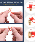 Hands assembling Hydraulic Zerk Fittings Kit With Caps, 156 Pcs SAE And Metric Grease Fittings with red caps
