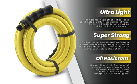 OS12100 Half Inch Class A Rubber Air Hose 100 Feet Oil and Grease Resistant coiled with brass fittings displayed.