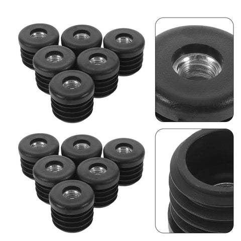 Round Furniture Leg Glide Plugs With Integrated Nut 20 Pack Black Plastic And Metal Tube End Caps 25mm Diameter
