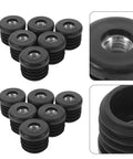 20 Pack Round Plastic Tube Plugs With M8 Thread For Furniture Legs And Table Protectors Easy Install Chair Leg Glides End Caps Black PE And Metal Material For Floor Protection And Leveling Solution. Close-up of black plastic and metal plugs showing threaded interior detail. Set of 20 plugs for leveling table legs.