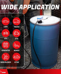 Badass Electric Drum Pump for 55 Gallon Barrels Moves 2.4 Gpm with vinyl hose for transferring liquids from a blue barrel to various vehicles.