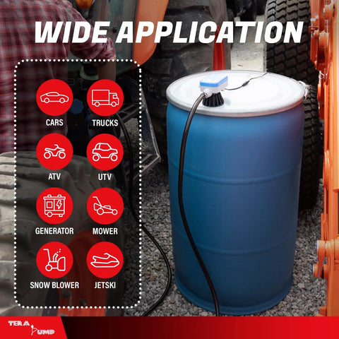 Badass Electric Drum Pump for 55 Gallon Barrels Moves 2.4 Gpm with vinyl hose for transferring liquids from a blue barrel to various vehicles.