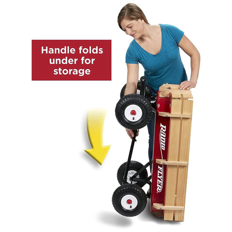 All Terrain Kid Friendly Wagon For Outdoor Fun And Cargo Rolling Cart With Steel And Wood Build Beach Cart For Toddlers 1 And Up Great For Gardening Camping Outdoor Play And Family Outings being folded by woman for storage