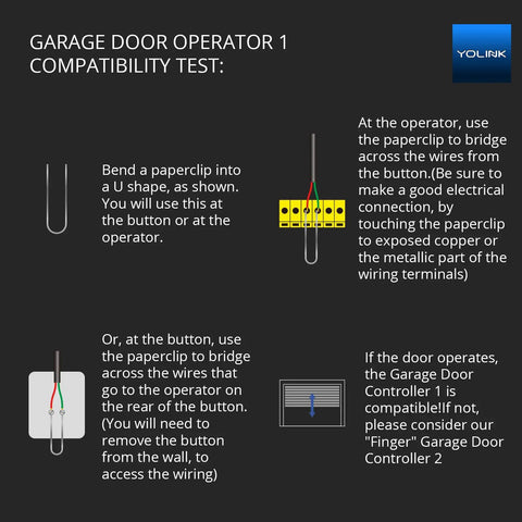 Diagram showing compatibility test for Worlds Longest Range Garage Door Controller And Wireless Sensor Kit with paperclip method.