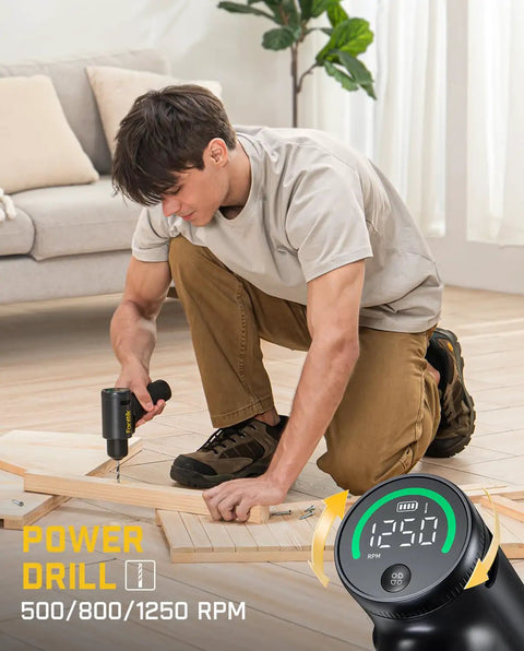 Person using Ultra Cordless Drill Driver With 3/8 Inch Keyless Chuck, Brushless Beast Power Motor, 30 Nm Torque, 1250 RPM, TapSwitch Gear Change