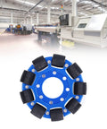Front view of a 4in omni wheel with blue aluminum hub and black silicone rollers for robotics DIY projects