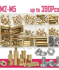 Hex Standoff Spacer Kit With M2.5 M3 M4 Sizes Pro Grade Nuts Included Hobbyist Friendly For PCB Spacing And Mounting Hardware On Circuit Boards And Electronics Projects. Brass standoff kit with M2-M5 spacers, nuts, and screws in organizer box.