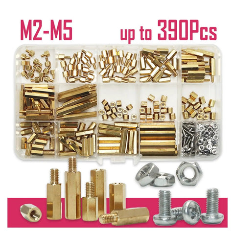 Hex Standoff Spacer Kit With M2.5 M3 M4 Sizes Pro Grade Nuts Included Hobbyist Friendly For PCB Spacing And Mounting Hardware On Circuit Boards And Electronics Projects. Brass standoff kit with M2-M5 spacers, nuts, and screws in organizer box.