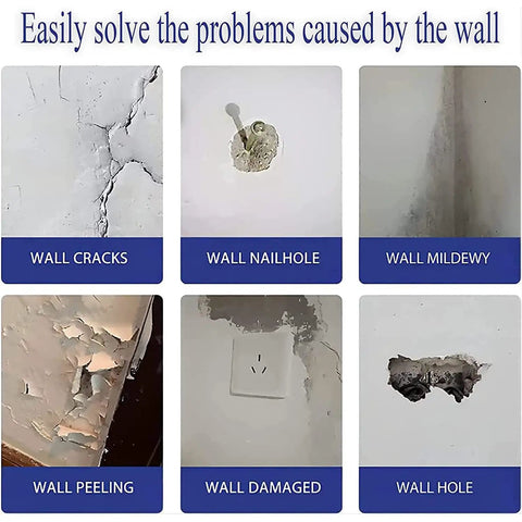 Image showing various wall issues like cracks, nail holes, mildew, peeling, and damage addressed by Pro Grade Drywall Repair Kit.