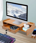 Transform Your Workspace With These Solid Wood Monitor Risers Featuring A Lockable Storage Drawer With Secure Laptop Stand Built Like Iron to organize desk with a computer, compartments, and accessories.