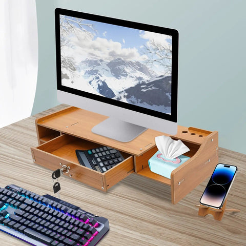 Transform Your Workspace With These Solid Wood Monitor Risers Featuring A Lockable Storage Drawer With Secure Laptop Stand Built Like Iron to organize desk with a computer, compartments, and accessories.