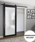 Interior Sliding Barn Door With Frosted Glass, Solid Wood Construction, 32x84 Inches, Black Modern Style, Installed View