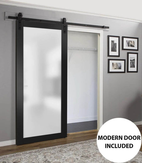 Interior Sliding Barn Door With Frosted Glass, Solid Wood Construction, 32x84 Inches, Black Modern Style, Installed View