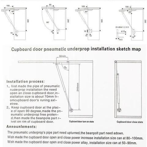 Two Pack 18 Lb Heavy Duty Hydraulic Gas Strut Lift Supports For Cabinets And Kitchen Cabinet Doors 80 N Load 7 Inch Closed Length 10 Inch Extended Satin Silver Mounting Plate Includes Screws And Manual installation diagram