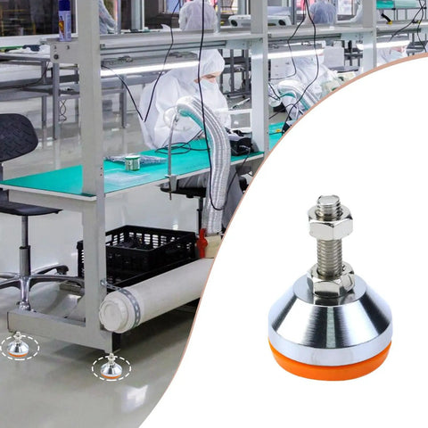 Factory workstation with 4 Pack Threaded Adjustable Leg Levelers with 2 Inch Screws for workbenches, visible orange and silver rubber base