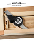 Heavy Duty Sliding Door Track Roller Wheels Four Pack Glides Smooth With Zero Drag Barn Door Hardware close-up on roller and guide.