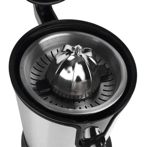 Top view of electric citrus juicer with stainless steel pulp control, suitable for efficient lemon and orange squeezing.