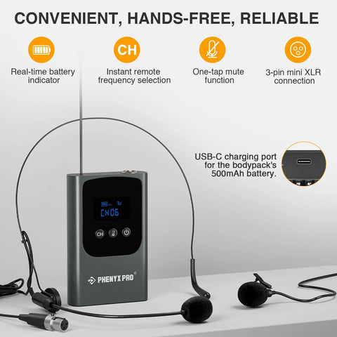 Digital Wireless Karaoke Microphone System With Mini Receiver And Bodypack Transmitter, shown with headset and lapel mics.