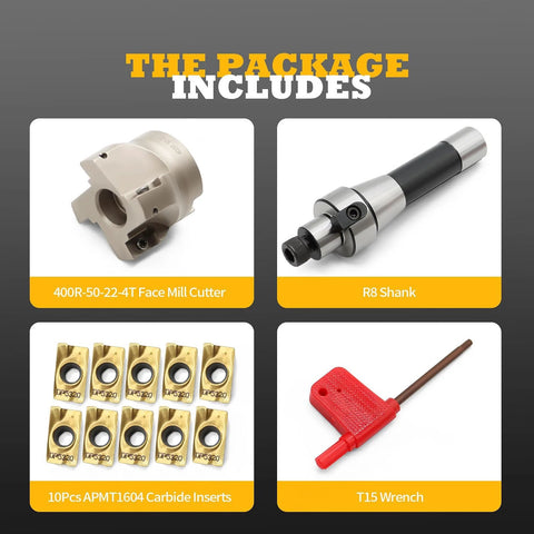 Jecoupoon milling set: 400R-50-22-4T face mill cutter, R8 shank, 10x APMT1604 carbide inserts, and a T15 wrench