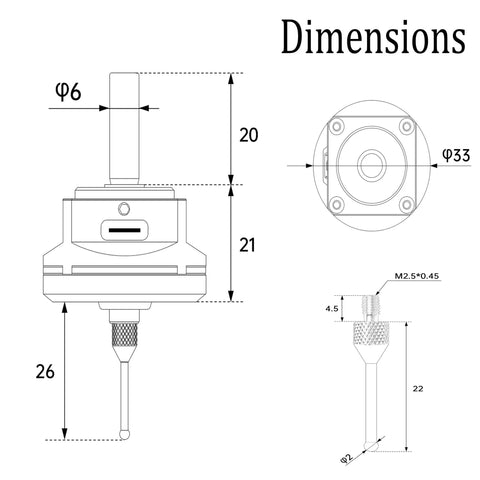 Dimensions diagram of 3D Edge Finder Touch Probe for CNC Machines, 6mm shank, 2.0mm tungsten ball tip, 2m cable, XYZ sensor